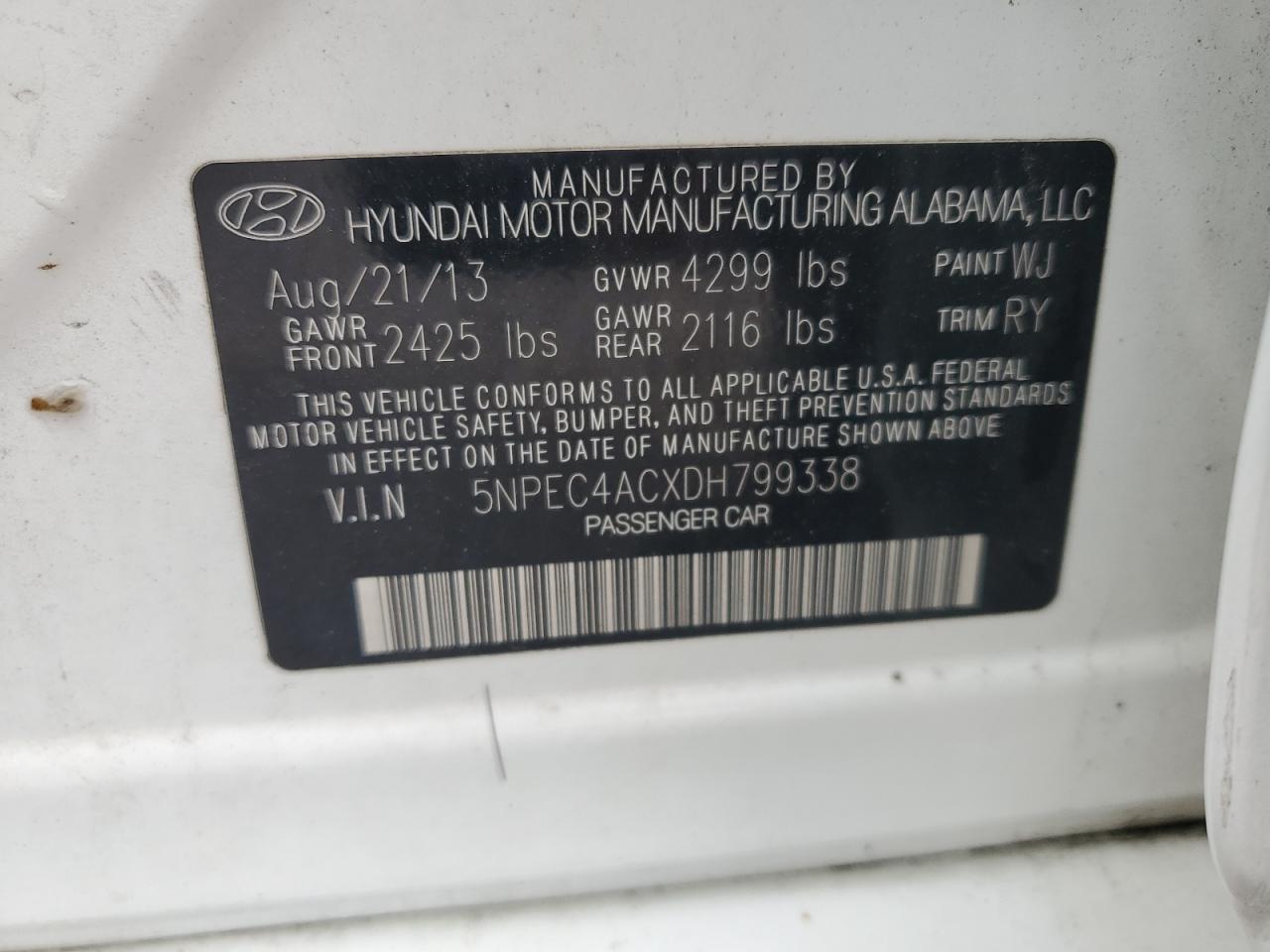 2013 Hyundai Sonata Se VIN: 5NPEC4ACXDH799338 Lot: 60913725