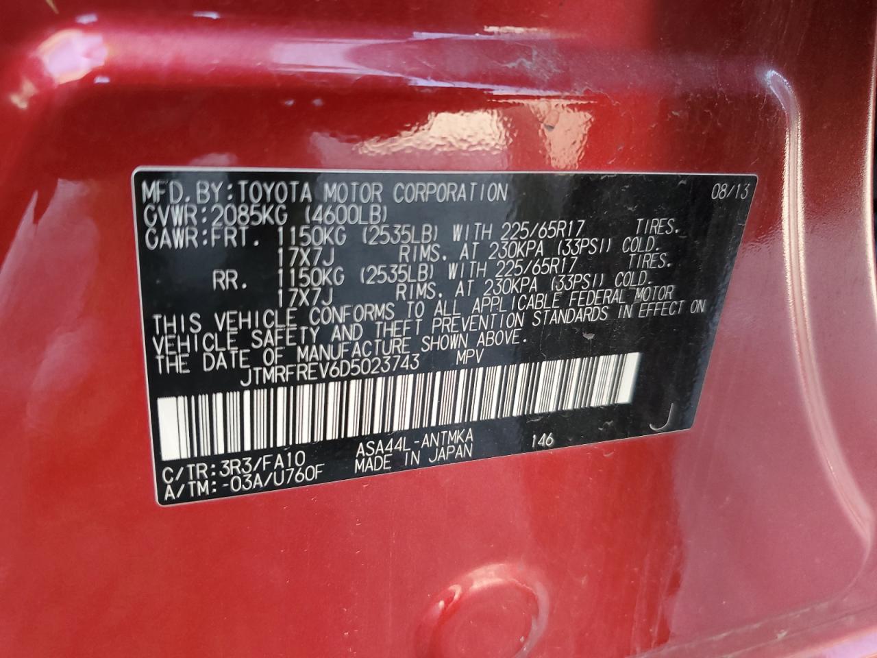 TOYOTA ALL OTHER 2013 VIN JTMRFREV6D5023743 фото 14