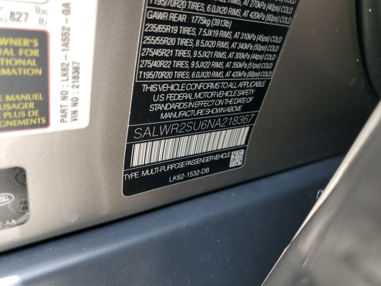 2022 Land Rover Range Rover Sport Hse Silver Edition VIN: SALWR2SU6NA218367 Lot: 60069605