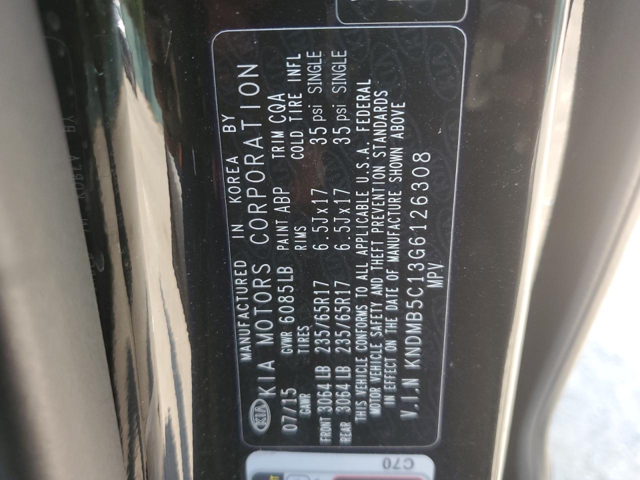 2016 Kia Sedona Lx VIN: KNDMB5C13G6126308 Lot: 62078815