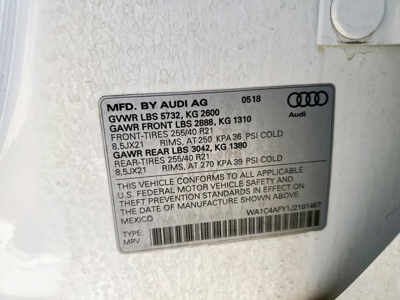 2018 Audi Sq5 Prestige VIN: WA1C4AFY1J2181467 Lot: 60172175