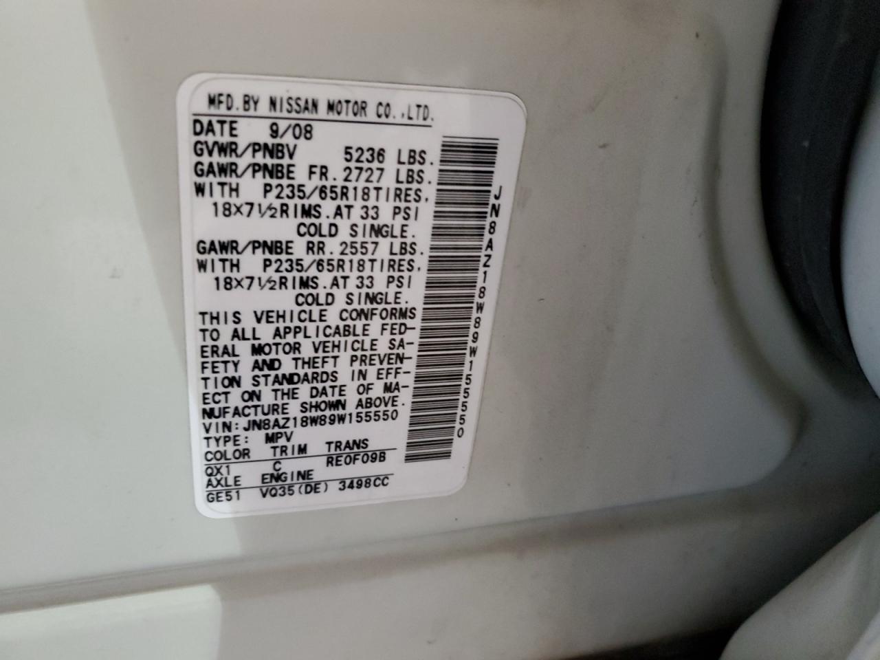 2009 Nissan Murano S VIN: JN8AZ18W89W155550 Lot: 62231215