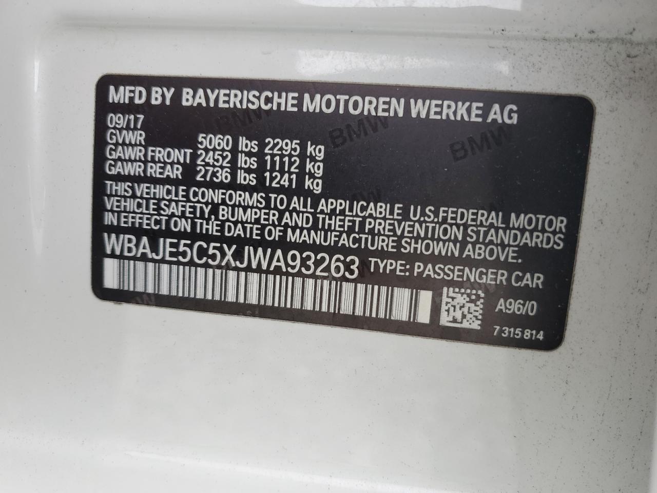 2018 BMW 540 I VIN: WBAJE5C5XJWA93263 Lot: 62203415