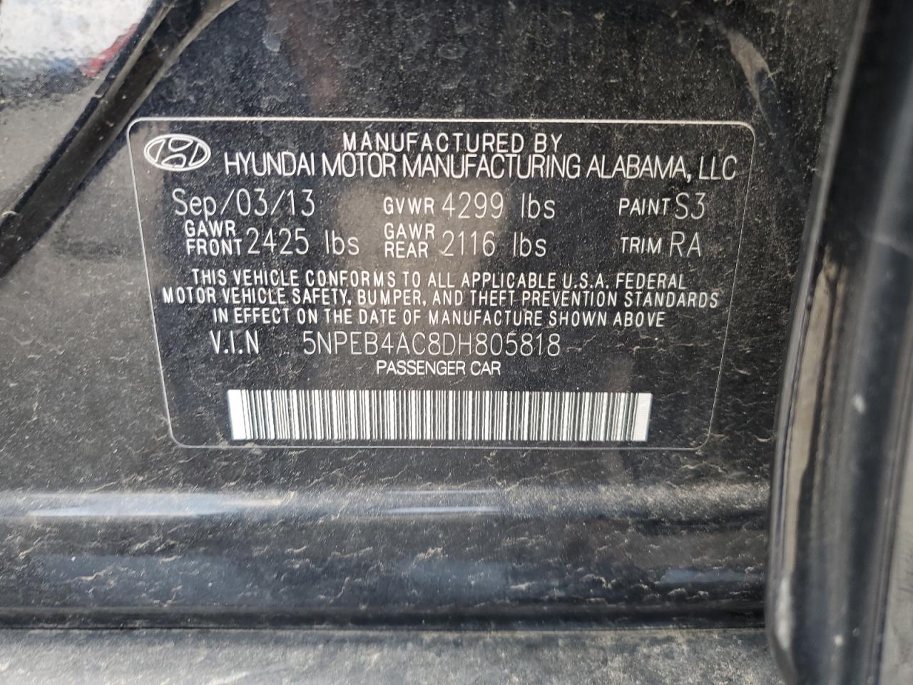 2013 Hyundai Sonata Gls VIN: 5NPEB4AC8DH805818 Lot: 63005305