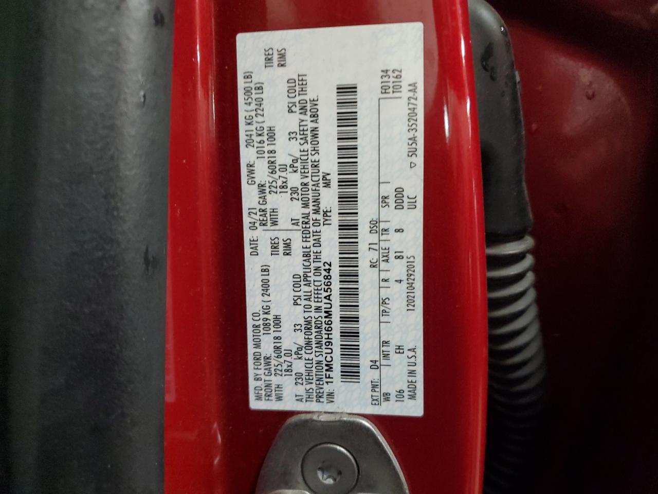 2021 Ford Escape Sel VIN: 1FMCU9H66MUA56842 Lot: 61092595