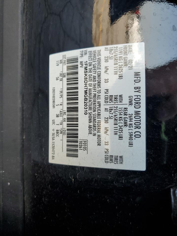 2021 Ford Explorer Xlt VIN: 1FMSK8DH7MGB20310 Lot: 62451235