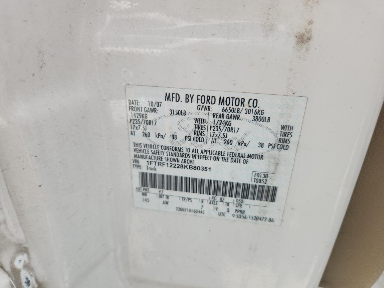 FORD All Models 2008 VIN 1FTRF12228KB80351 фото 12