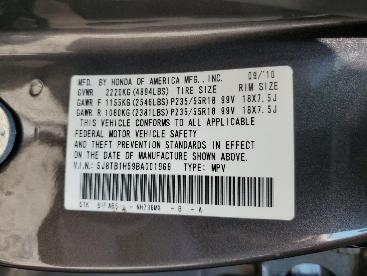 2011 Acura Rdx Technology VIN: 5J8TB1H59BA001966 Lot: 60705615
