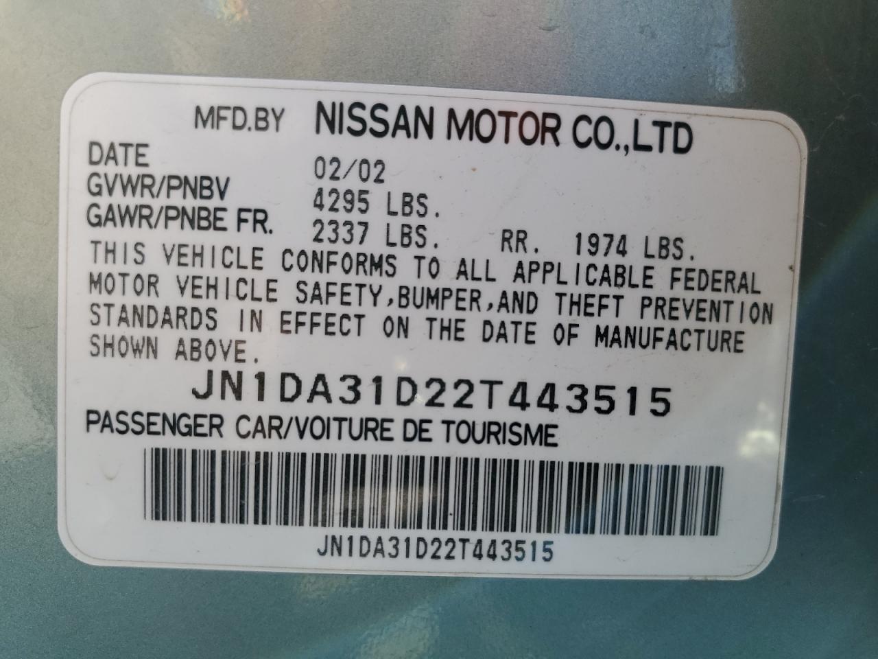 2002 Nissan Maxima Gle VIN: JN1DA31D22T443515 Lot: 61943215