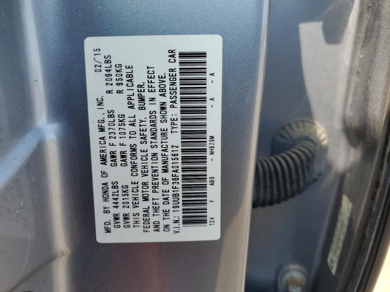 2015 Acura Tlx VIN: 19UUB1F36FA015612 Lot: 60851825