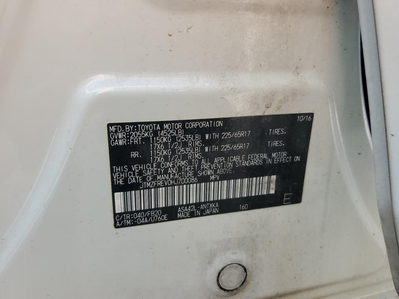 2017 Toyota Rav4 Le VIN: JTMZFREV0HJ700086 Lot: 61445135