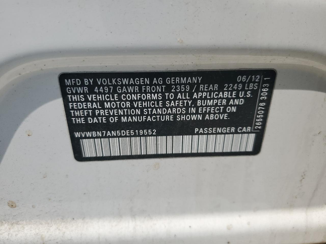 2013 Volkswagen Cc Sport VIN: WVWBN7AN5DE519552 Lot: 62585235