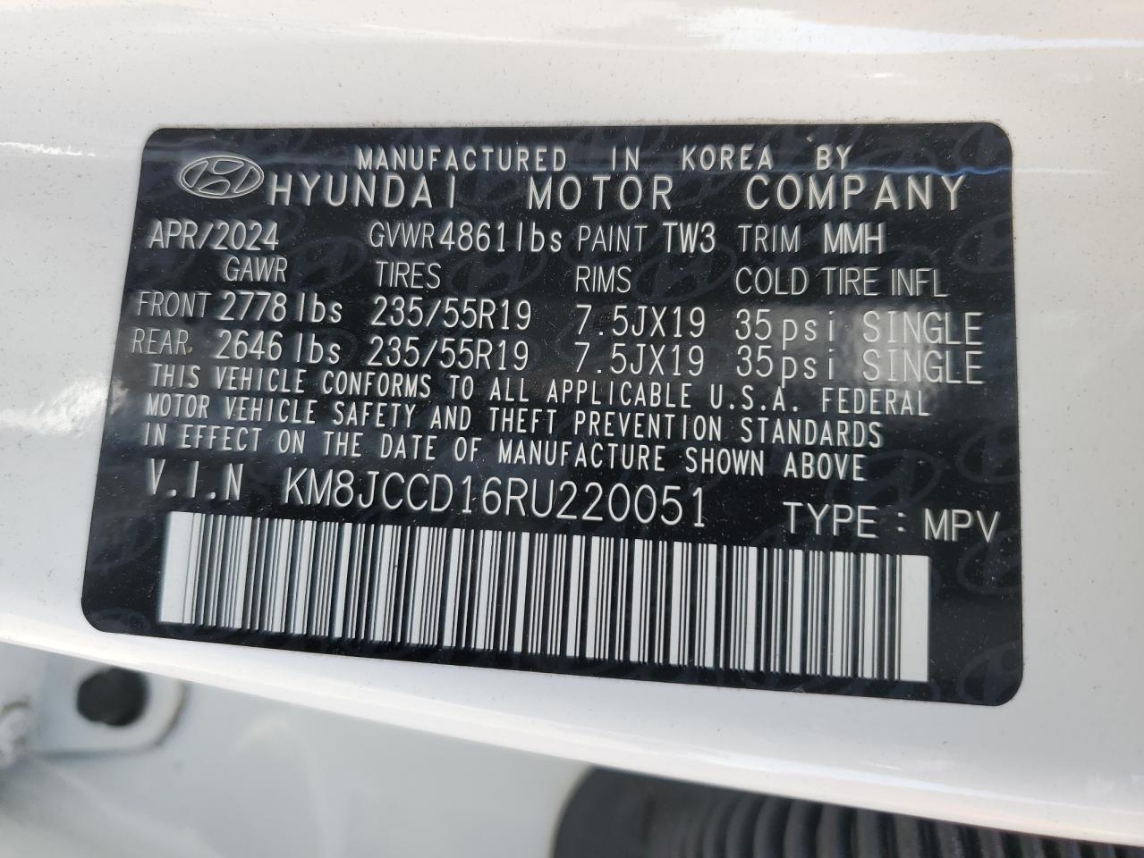 2024 Hyundai Tucson Sel Convenience VIN: KM8JCCD16RU220051 Lot: 61677395