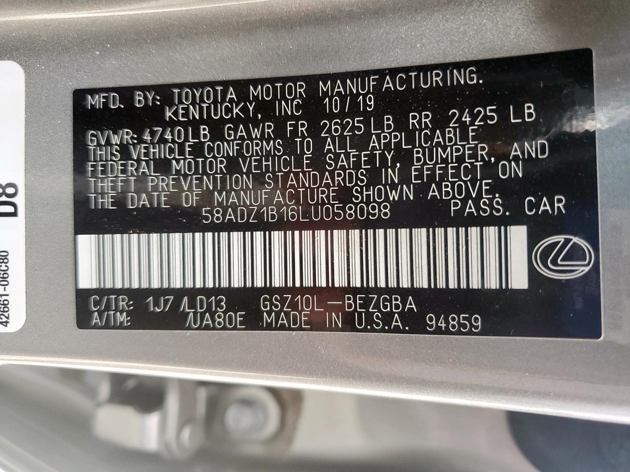 2020 Lexus Es 350 VIN: 58ADZ1B16LU058098 Lot: 62490925