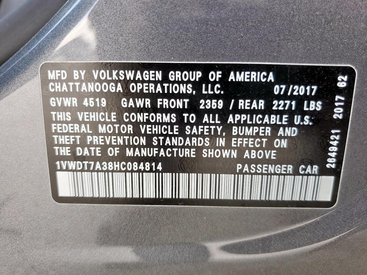 2017 Volkswagen Passat R-Line VIN: 1VWDT7A38HC084814 Lot: 61998875