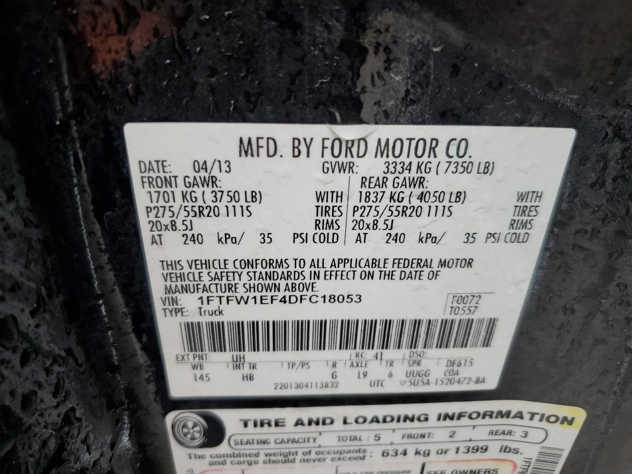 2013 Ford F150 Supercrew VIN: 1FTFW1EF4DFC18053 Lot: 61290455