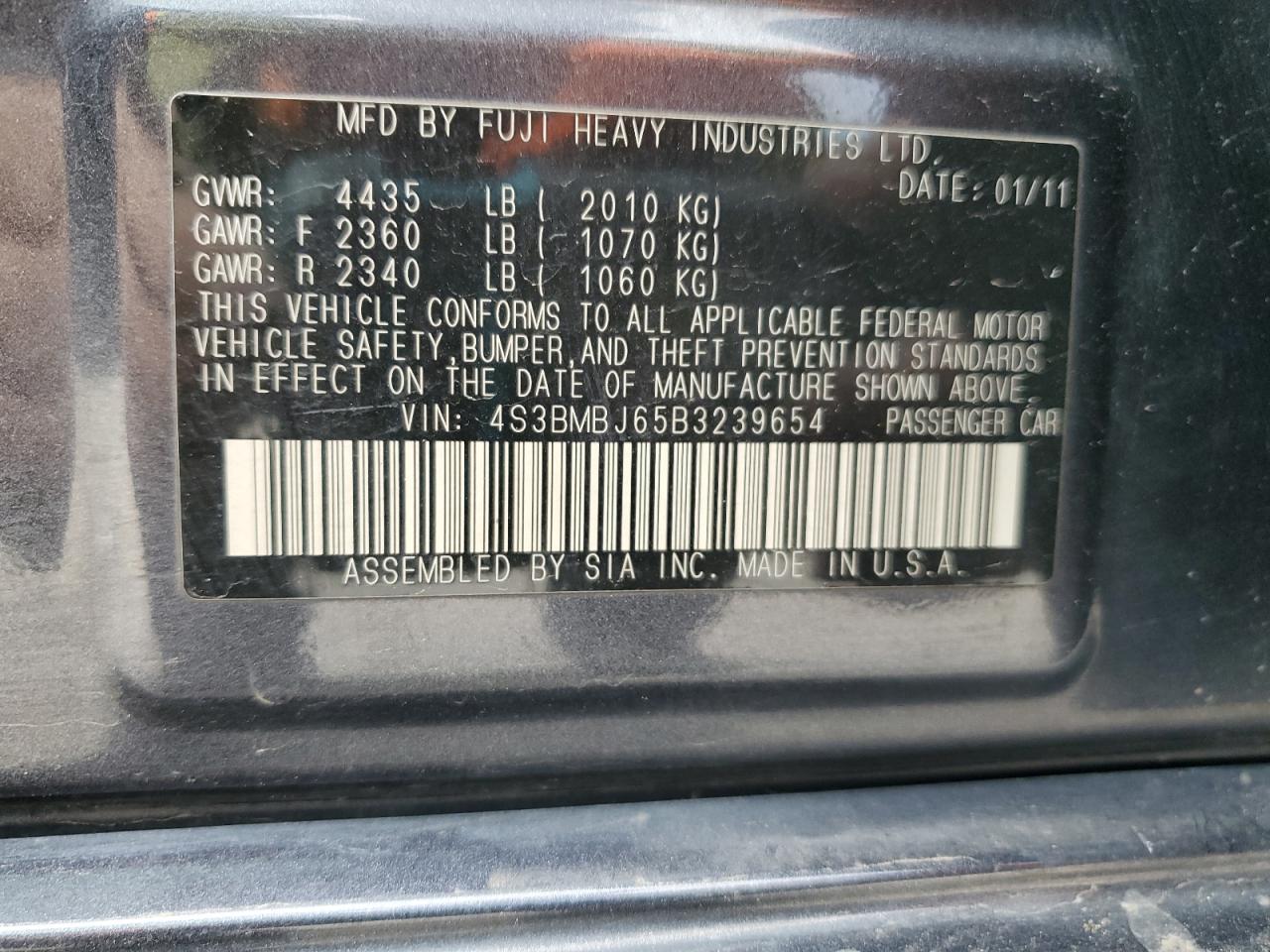 2011 Subaru Legacy 2.5I Limited VIN: 4S3BMBJ65B3239654 Lot: 60650795