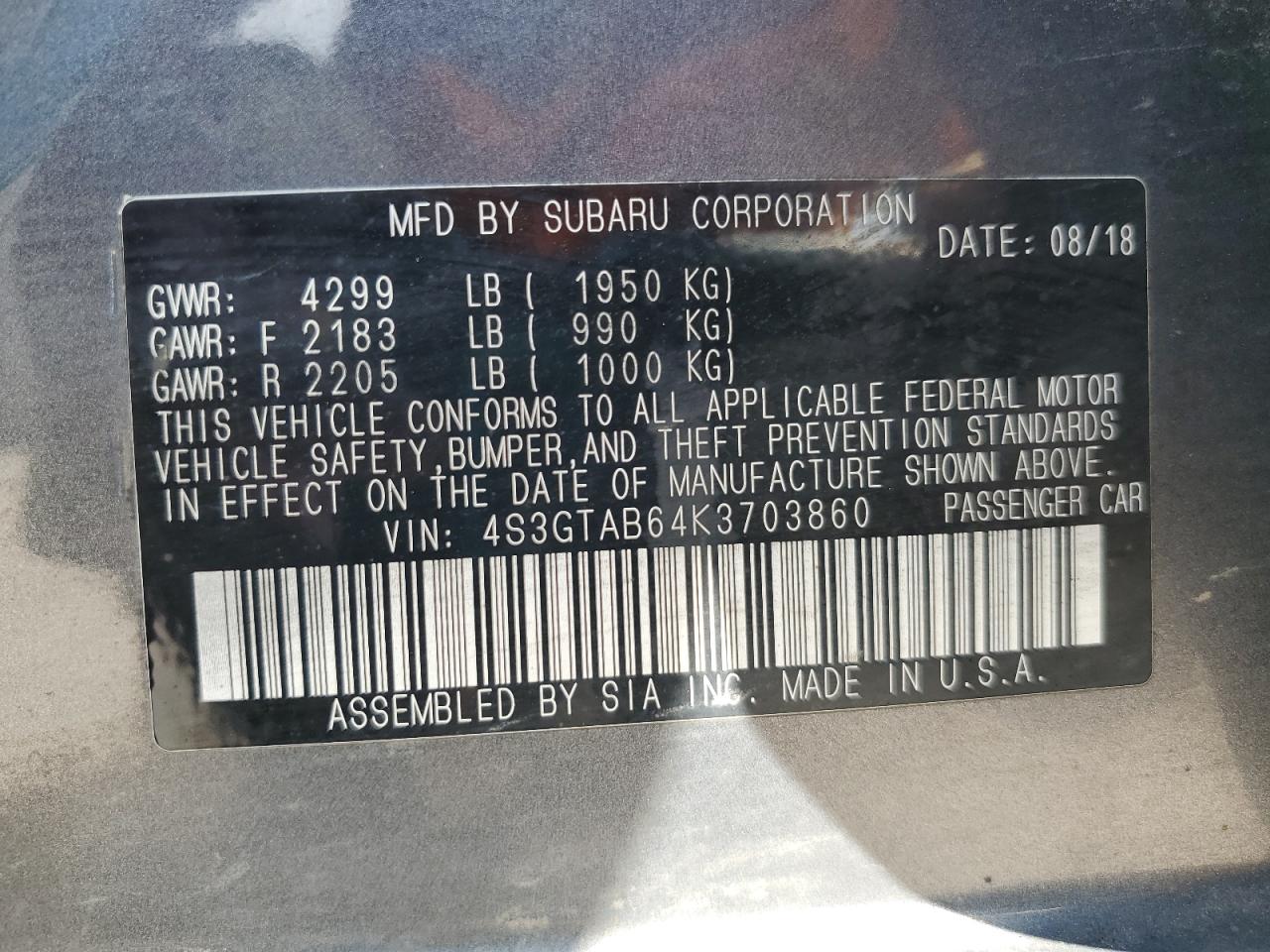 2019 Subaru Impreza VIN: 4S3GTAB64K3703860 Lot: 62786055