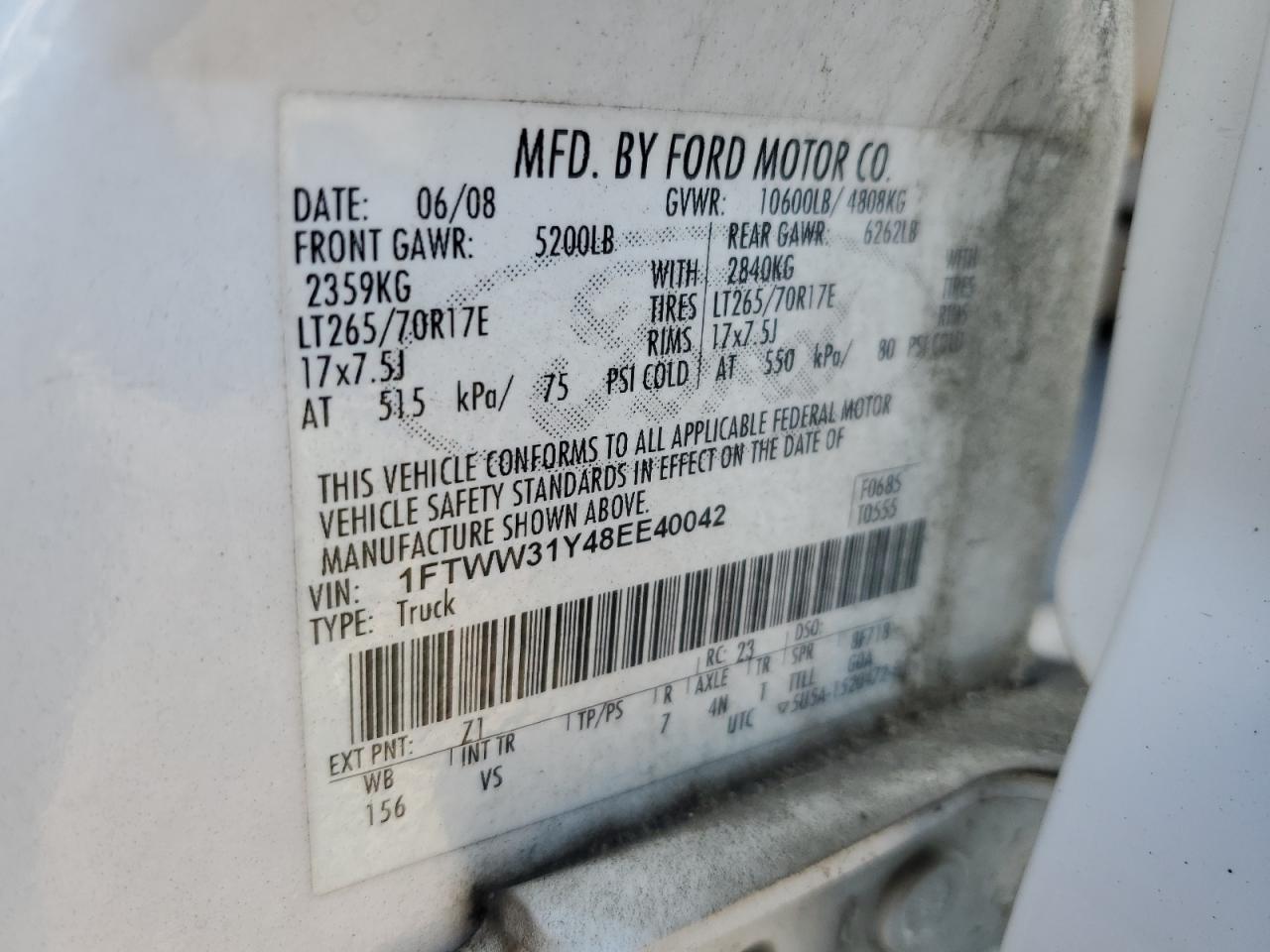 2008 Ford F350 Srw Super Duty VIN: 1FTWW31Y48EE40042 Lot: 62585845