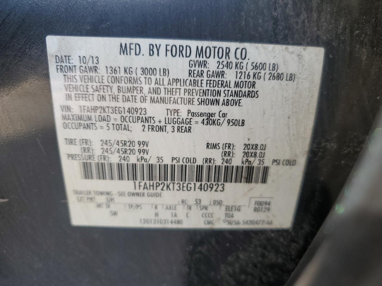 2014 Ford Taurus Sho VIN: 1FAHP2KT3EG140923 Lot: 62169795