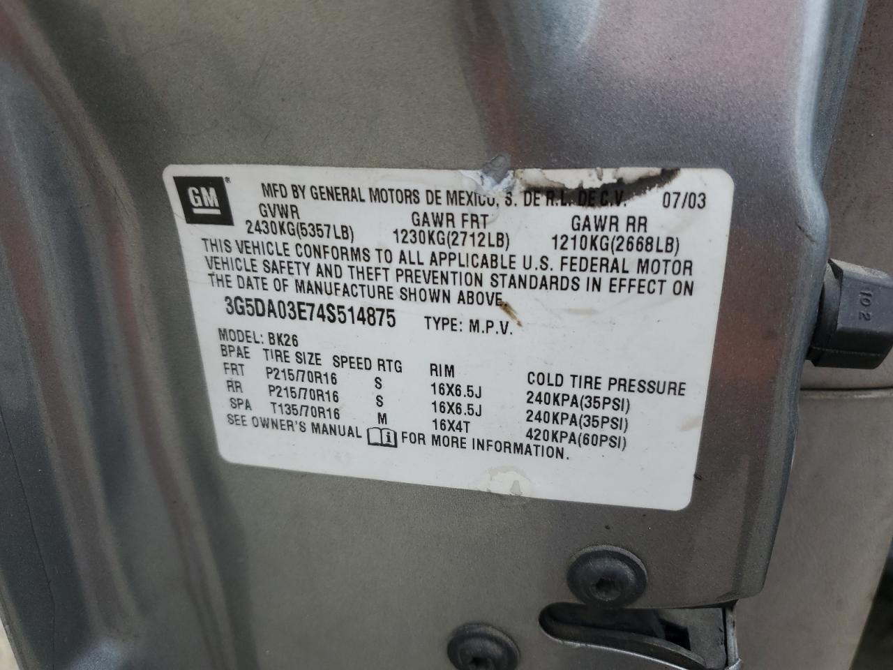 2004 Buick Rendezvous Cx VIN: 3G5DA03E74S514875 Lot: 60971965
