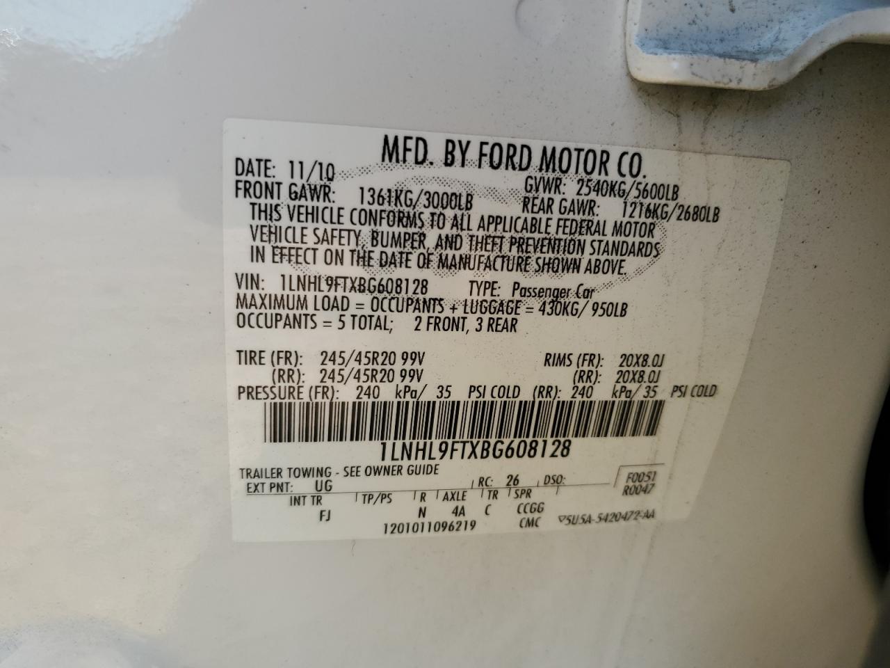 2011 Lincoln Mks VIN: 1LNHL9FTXBG608128 Lot: 61526995