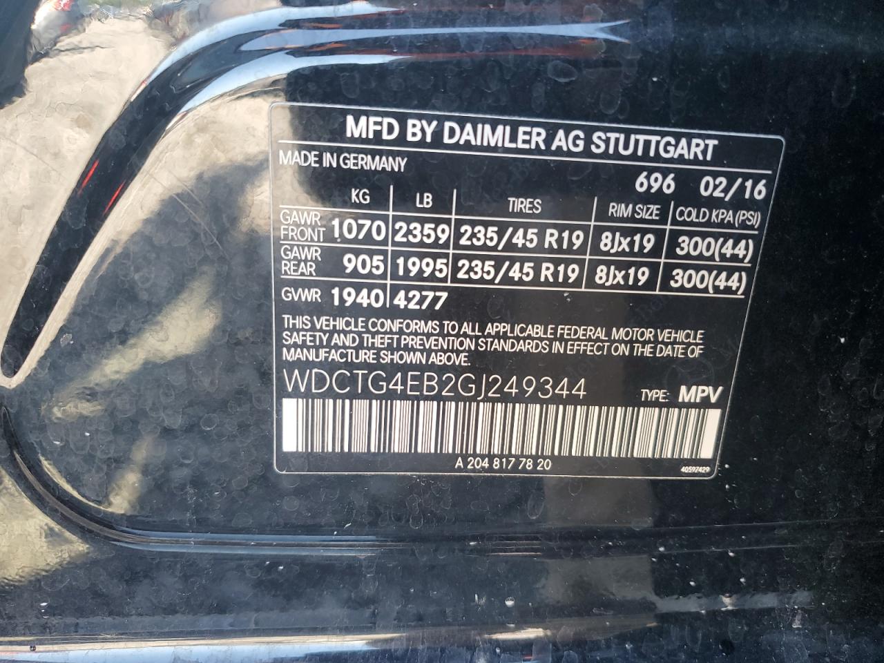 2016 Mercedes-Benz Gla 250 VIN: WDCTG4EB2GJ249344 Lot: 59998985