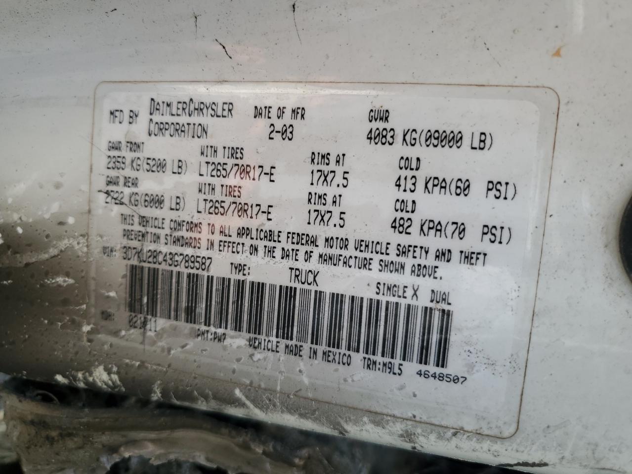 2003 Dodge Ram 2500 St VIN: 3D7KU28C43G789587 Lot: 59521905