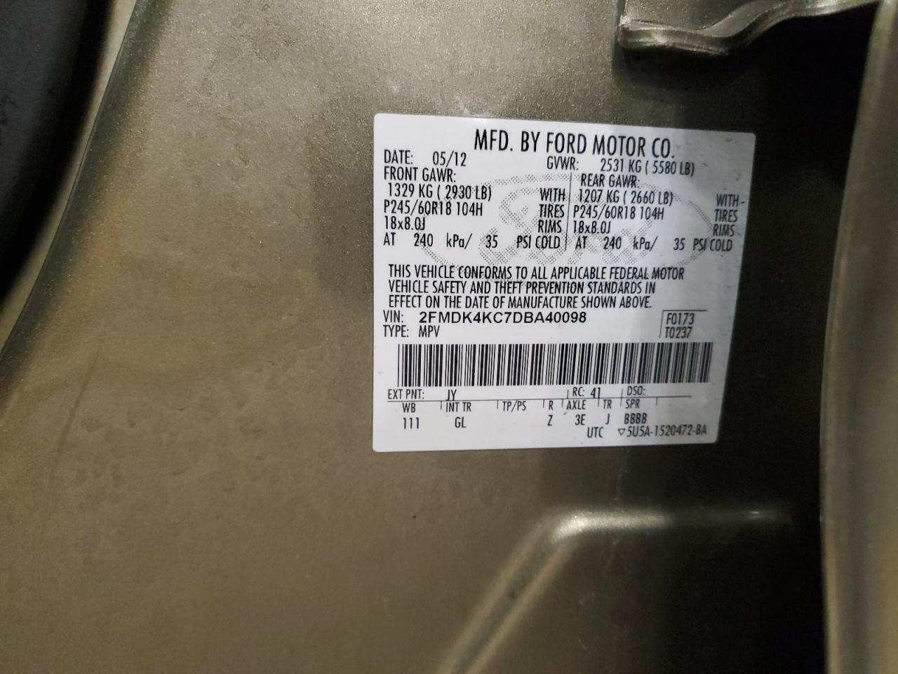 2013 Ford Edge Limited VIN: 2FMDK4KC7DBA40098 Lot: 62389975