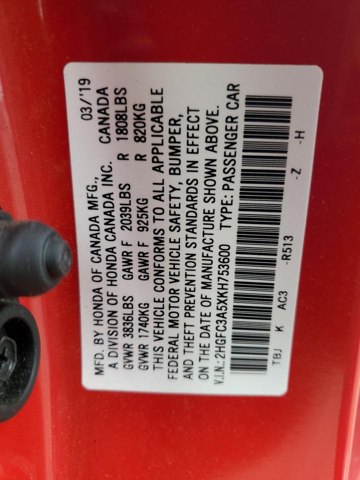 2019 Honda Civic Si VIN: 2HGFC3A5XKH753600 Lot: 62839575