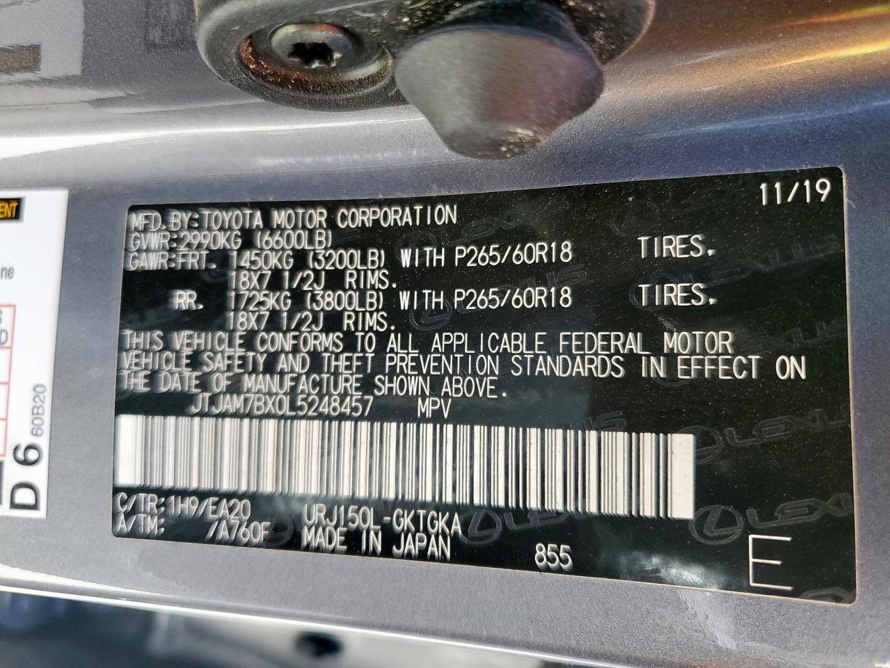 2020 Lexus Gx 460 Premium VIN: JTJAM7BX0L5248457 Lot: 59800475