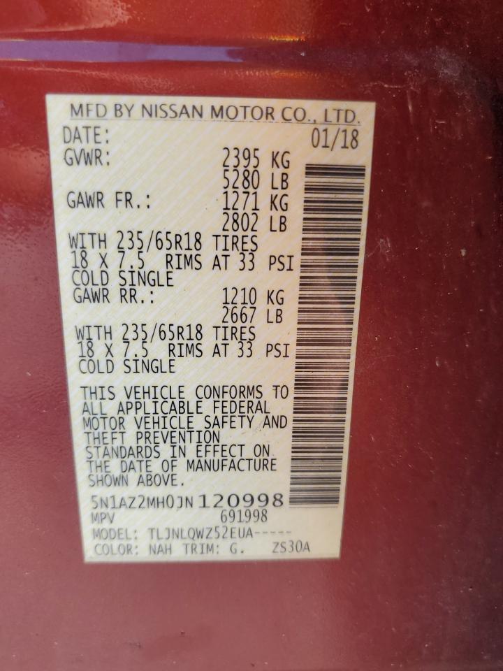 2018 Nissan Murano S VIN: 5N1AZ2MH0JN120998 Lot: 62068095