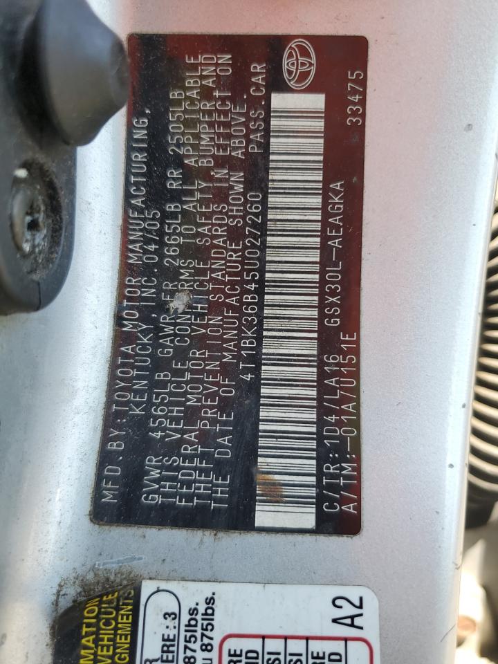 2005 Toyota Avalon Xl VIN: 4T1BK36B45U027260 Lot: 62545235