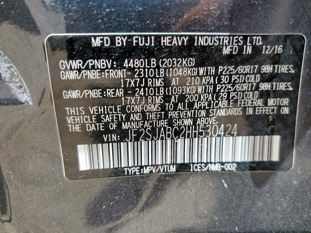 2017 Subaru Forester 2.5I VIN: JF2SJABC2HH530424 Lot: 62299835