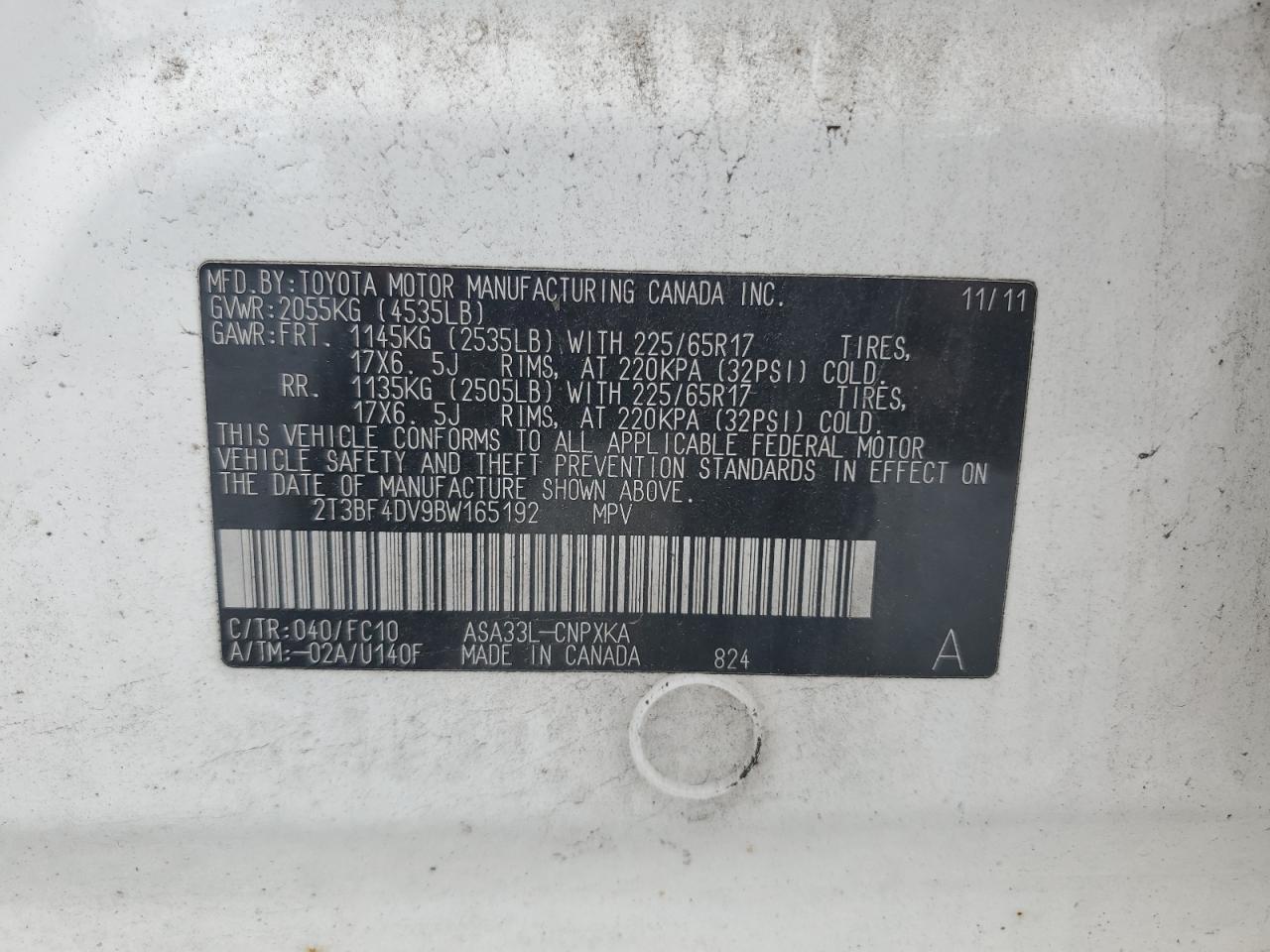 2011 Toyota Rav4 VIN: 2T3BF4DV9BW165192 Lot: 62749105