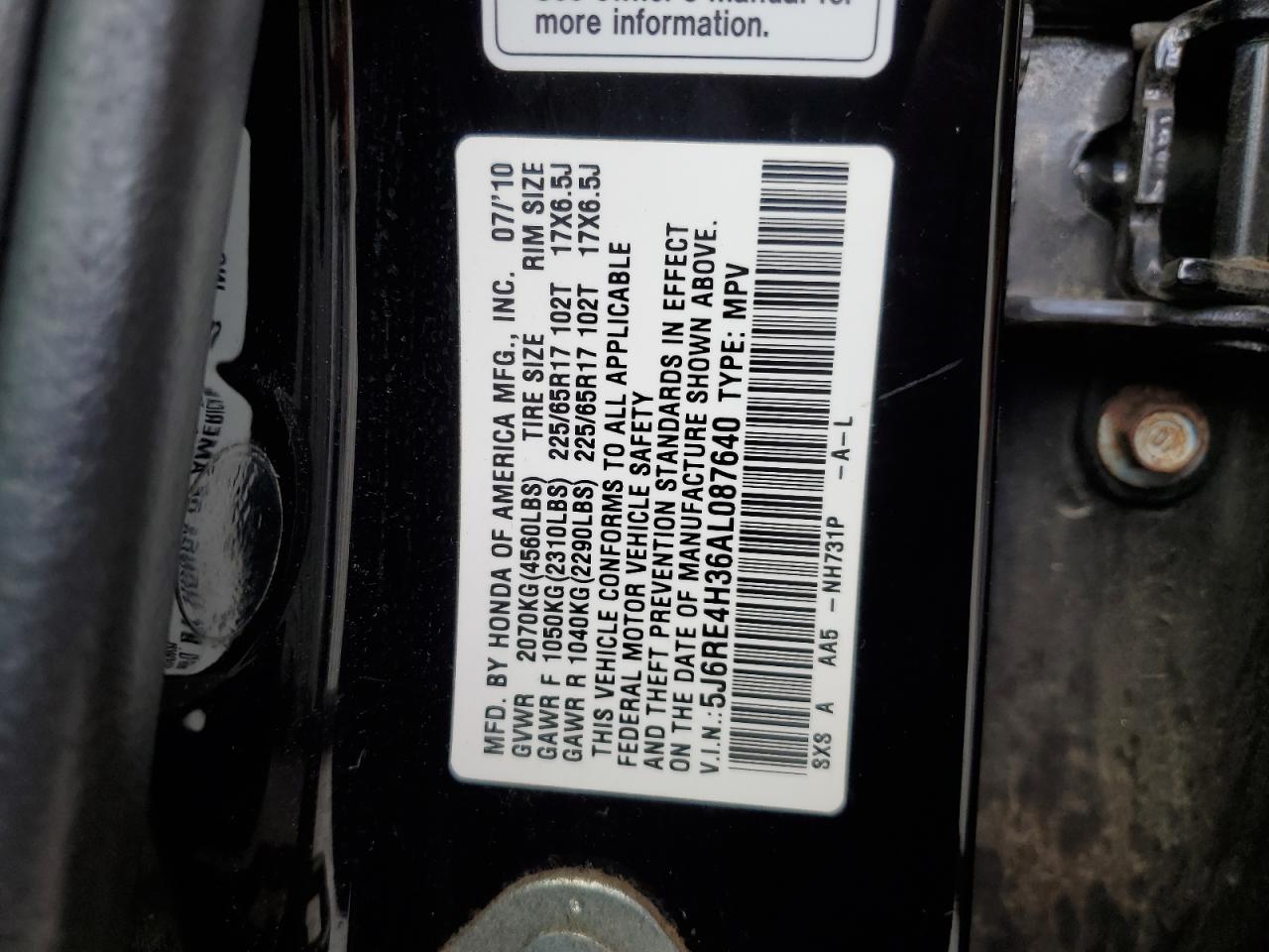 2010 Honda Cr-V Lx VIN: 5J6RE4H36AL087640 Lot: 61664795