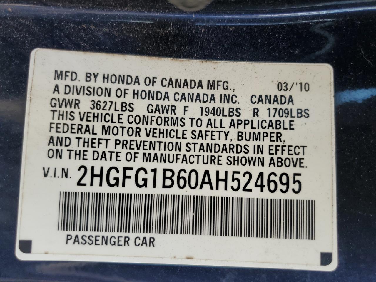 2010 Honda Civic Lx VIN: 2HGFG1B60AH524695 Lot: 62870065