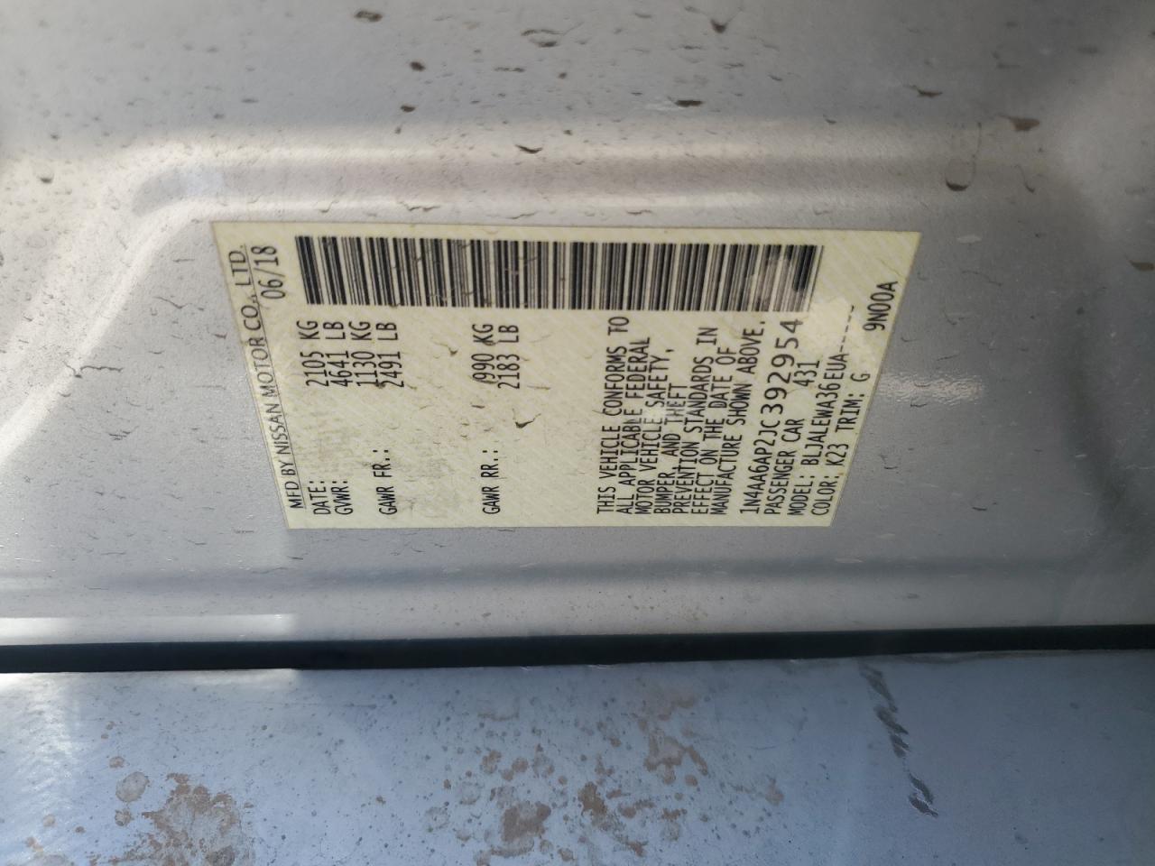 2018 Nissan Maxima 3.5S VIN: 1N4AA6AP2JC392954 Lot: 61424025