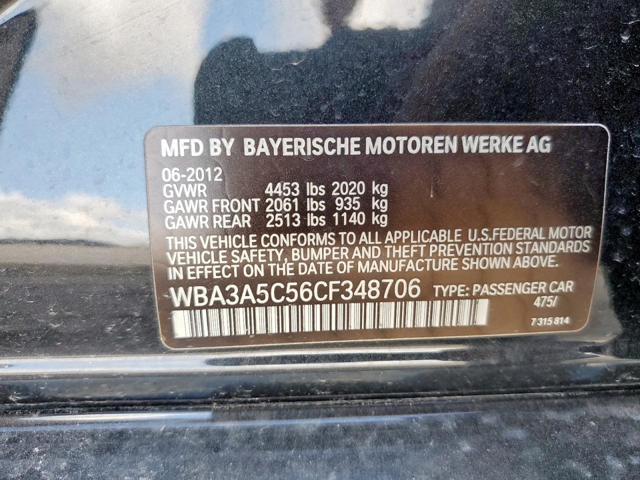 2012 BMW 328 I VIN: WBA3A5C56CF348706 Lot: 60695615