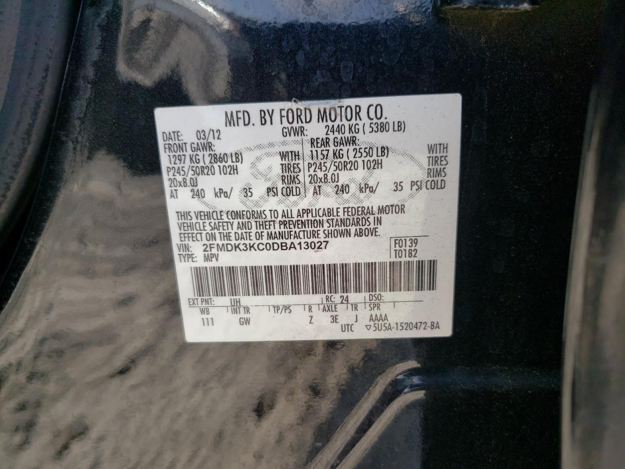 2013 Ford Edge Limited VIN: 2FMDK3KC0DBA13027 Lot: 62598845