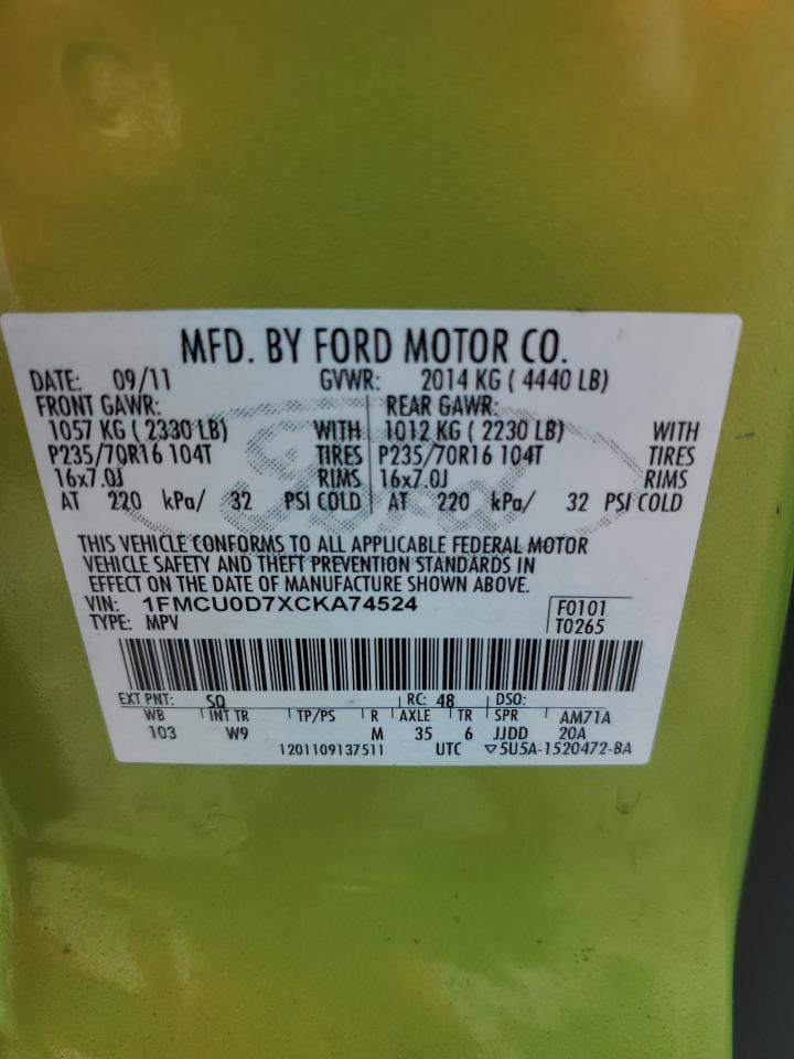 2012 Ford Escape Xlt VIN: 1FMCU0D7XCKA74524 Lot: 62763815