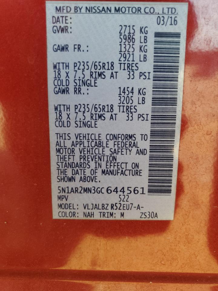 2016 Nissan Pathfinder S VIN: 5N1AR2MN3GC644561 Lot: 61849265