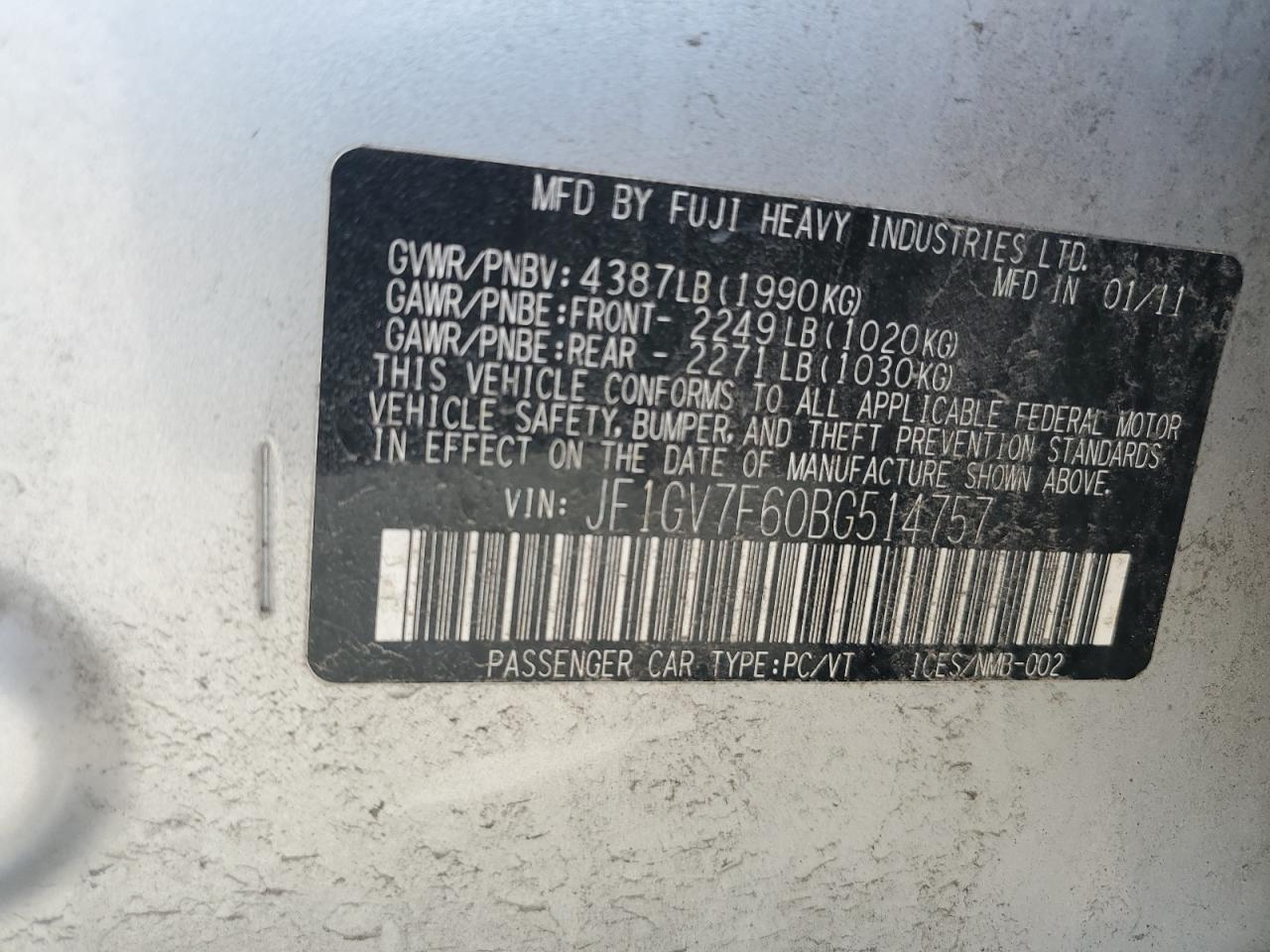 2011 Subaru Impreza Wrx VIN: JF1GV7F60BG514757 Lot: 61922645