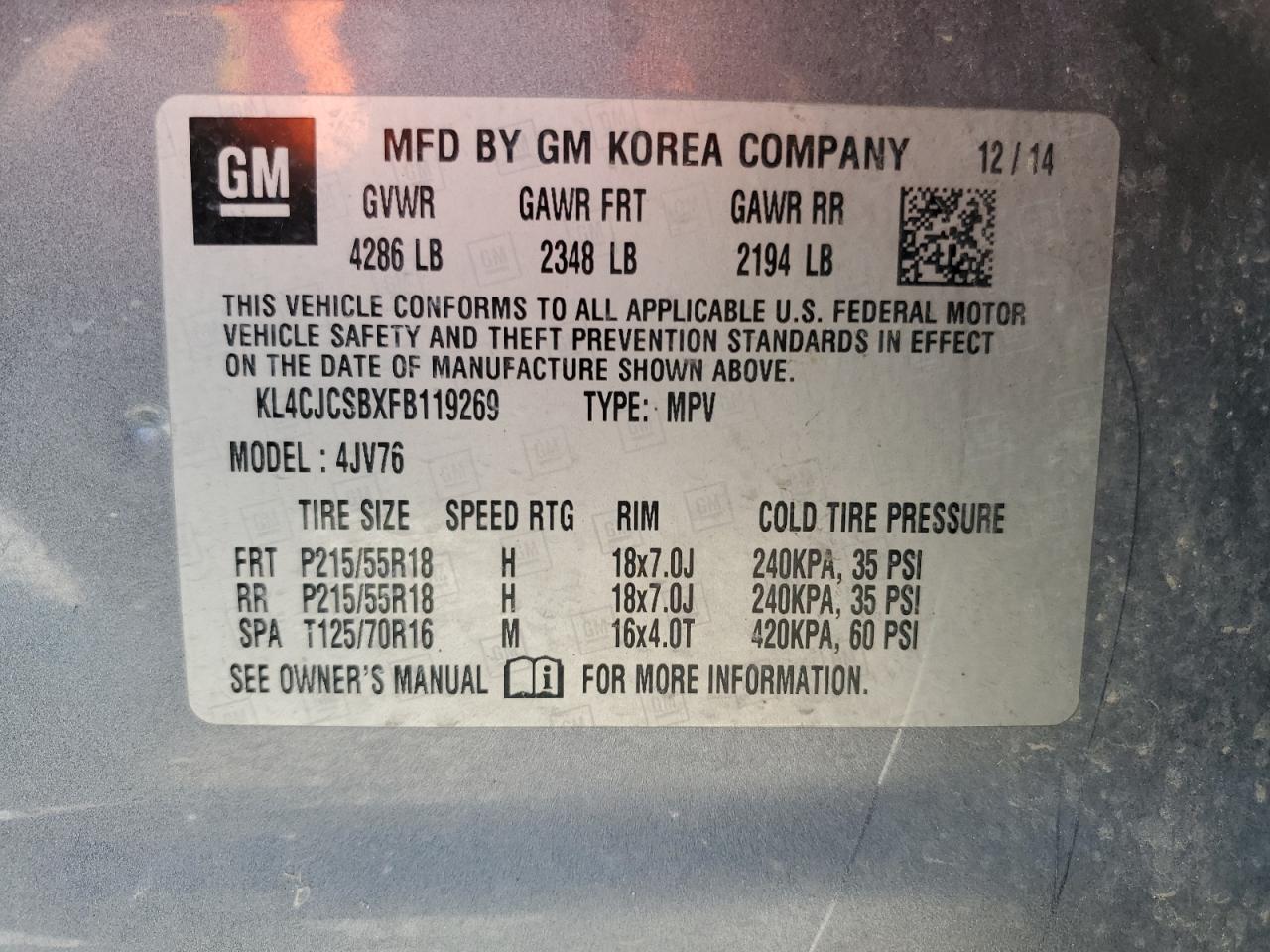 2015 Buick Encore VIN: KL4CJCSBXFB119269 Lot: 60474445