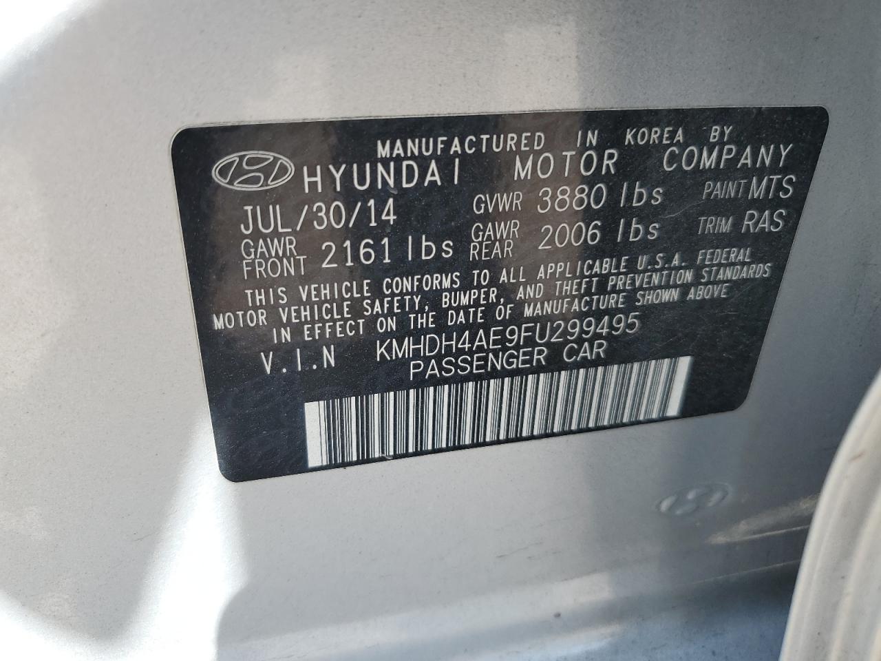 2015 Hyundai Elantra Se VIN: KMHDH4AE9FU299495 Lot: 62747365