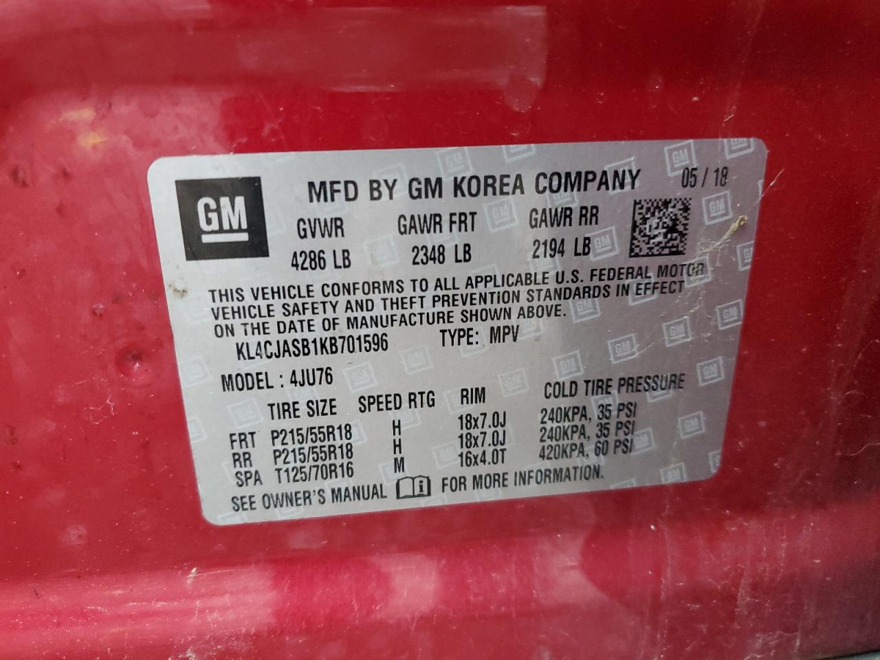 2019 Buick Encore Preferred VIN: KL4CJASB1KB701596 Lot: 59331135