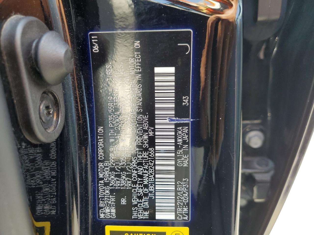 2011 Lexus Rx 450H VIN: JTJBC1BA2B2421668 Lot: 62427415
