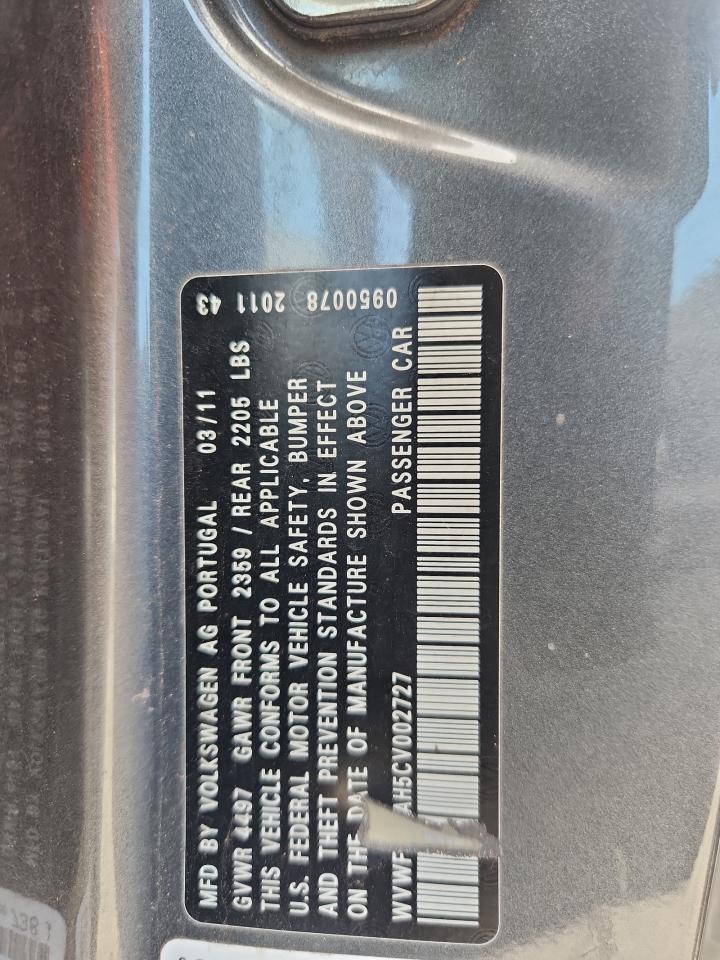 2012 Volkswagen Eos Lux VIN: WVWFW7AH5CV002727 Lot: 62821635