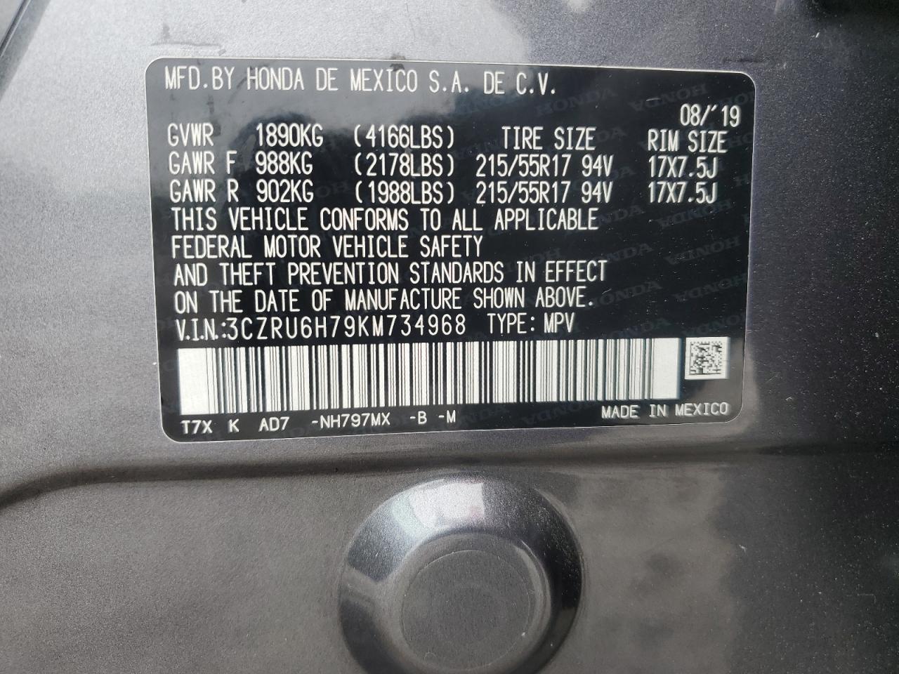 3CZRU6H79KM734968 HONDA HR-V 2019