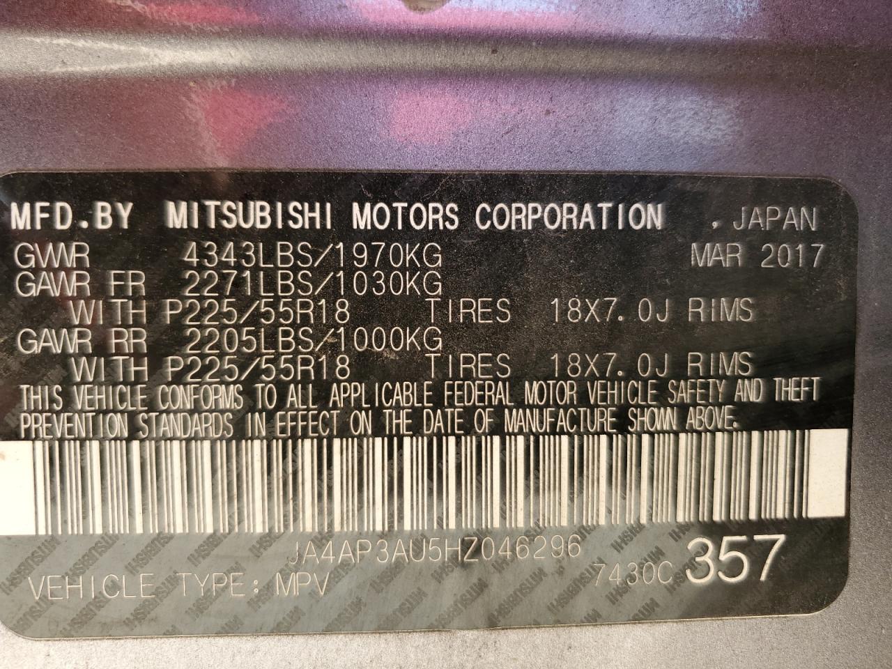 2017 Mitsubishi Outlander Sport Es VIN: JA4AP3AU5HZ046296 Lot: 62202445